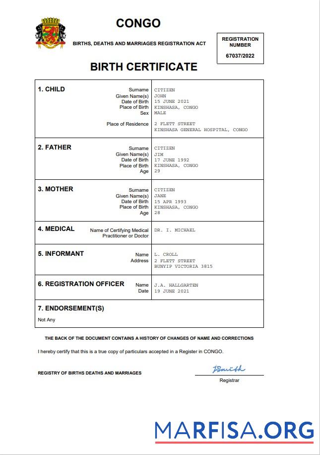 Realistic Congo vital record birth certificate Word and PDF template
